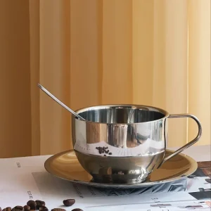 Kaffesæt med rund kop, underkop og ske i Rustfrit stål | 180 ml