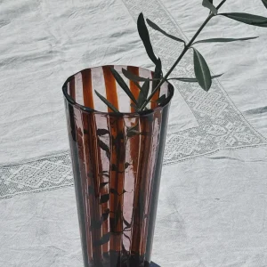 Mundblæst Murano Vase i Glas | Karamelfarvede og Ametyst Striber